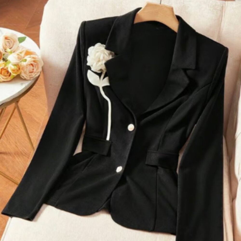 Black & Cream White Rose NEW Rhinestone pearl Button Blazer Jacket Fall Size XL